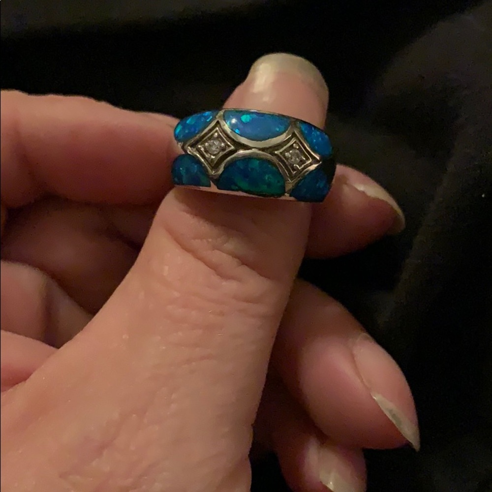 Sterling silver and lab created opal and cz ring
